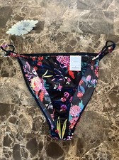 Auden Black Floral Satin Slippery String Bikini Panties Womens M NWT Vtg Stl