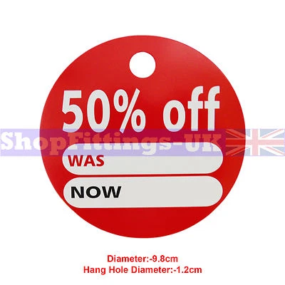 SHOPFITTINGS-UK '50% OFF' ROUND PRICE DISPLAY CARD SWING TICKETS FOR RETAIL SALE DISPLAY
