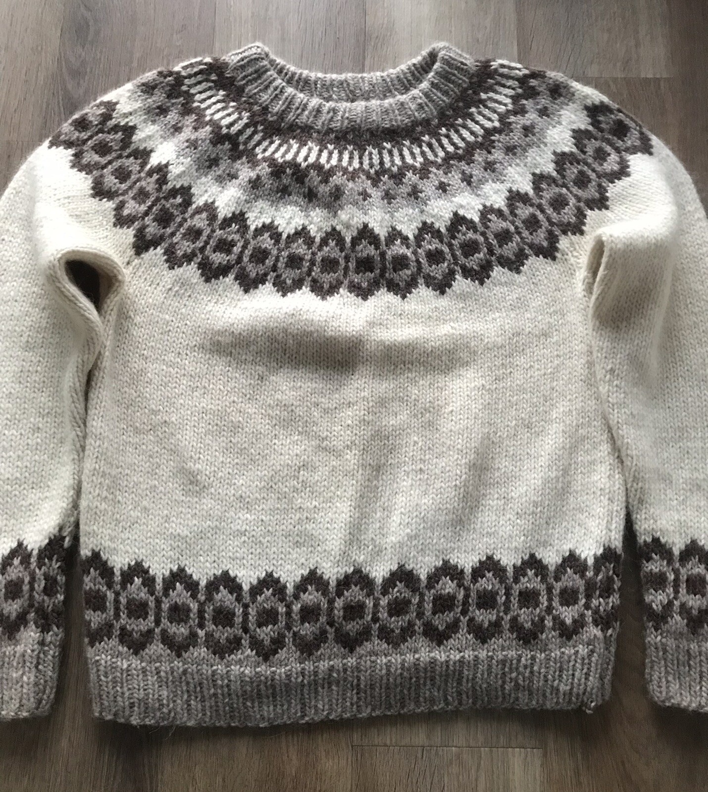 Icelandic Nordic Jumper Brown Cream Lopi Wool Hand Knit Traditional M L