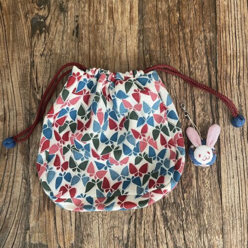 Handmade Japanese Drawstring Bag With Rabbit Key Chain 8” Makeup Pouch - Picture 1 of 4