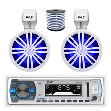 Pyle Marine MP3 Receiver, 2x 3.5" Bluetooth LED White Speakers w/Remote, Wire