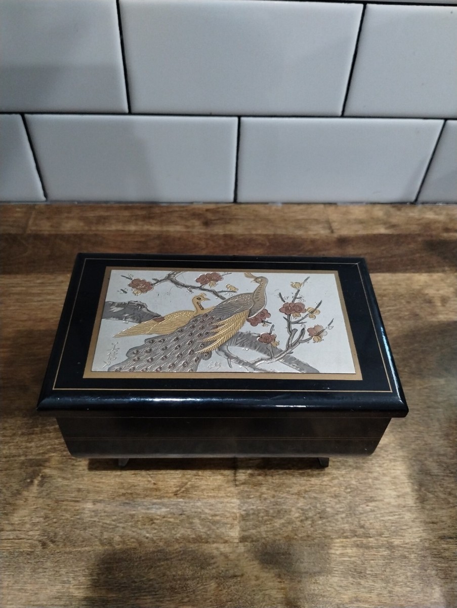 Vintage Japanese Black Lacquer etched Jewelry Music Box Peacock