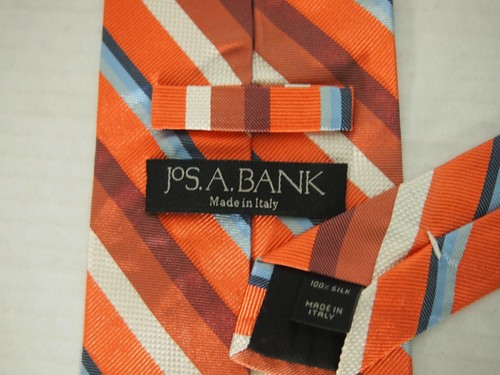 Jos A Bank Mens Necktie Tie Orange Blue White Striped Silk 59" Italy - Picture 3 of 4