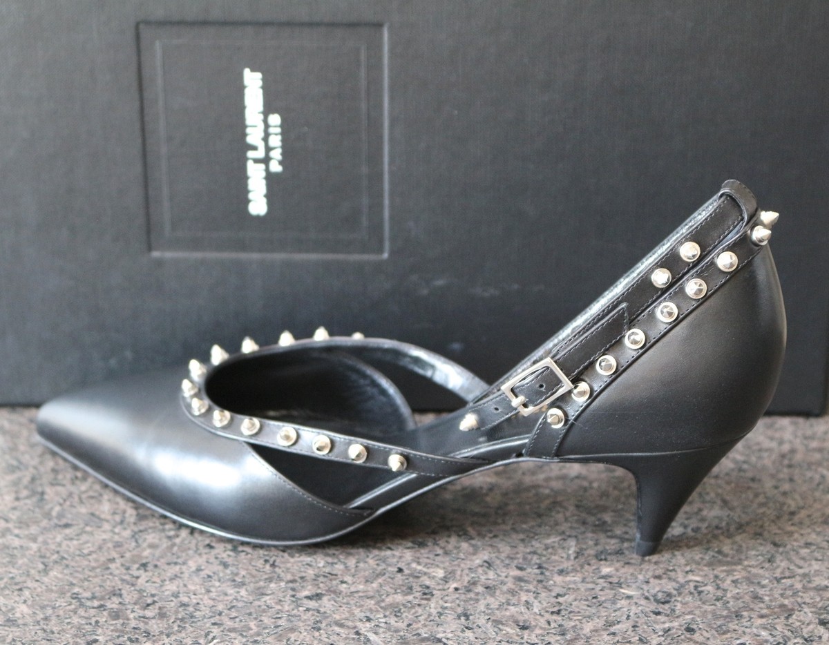 NIB YSL Saint Laurent KITTEN 50 Black STUDS Mary Jane Pointed
