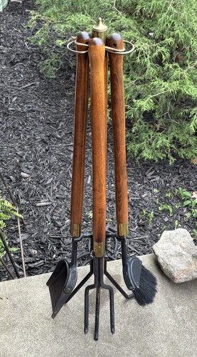 Vintage Seymour MFG Mid Century Walnut & Iron Fireplace Tool Set Long Handle