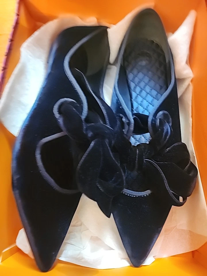 Tory Burch Clara темно-синий острый носок бархата с бантом плоский туфли Sz 10,5 $348 - Изображение 2 из 4