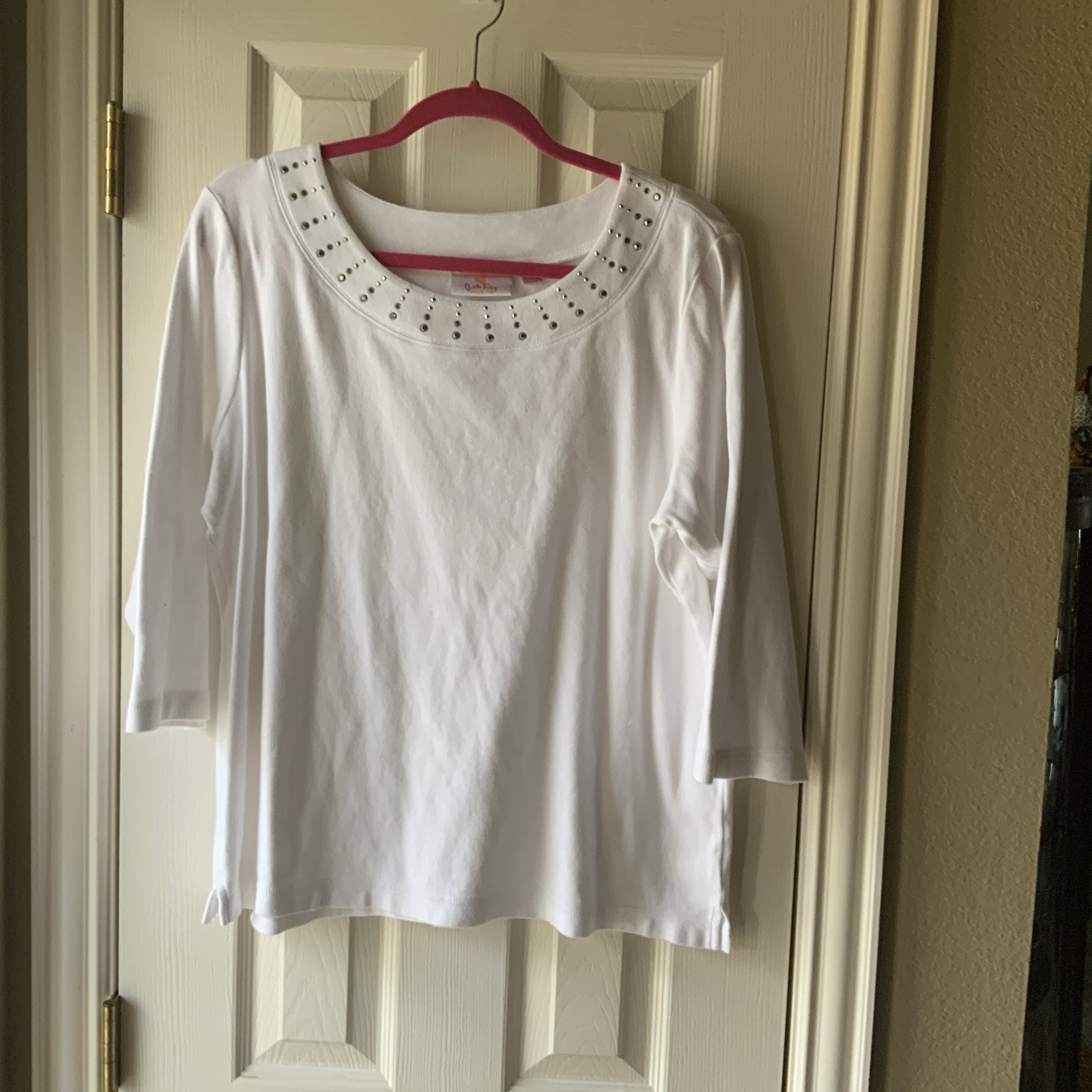 Quacker Factory XL White 3/4 Sleeve Embellished Top  