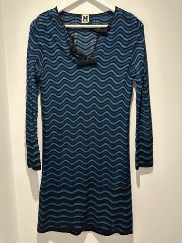 Missoni, Vintage Missoni Mini Dress UK 12 Blue Black Zig Zag Chevron V-Neck Long Sleeve
