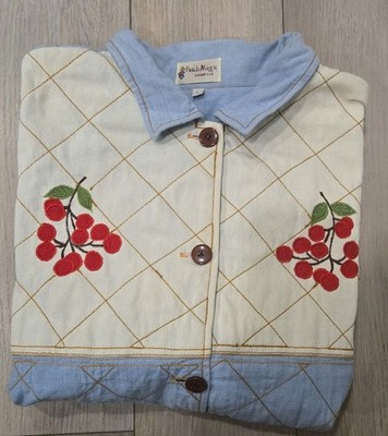 VTG Patch Magic Chambray Quilted Chore Coat Jacket Cherries Birds Pockets Sz L 