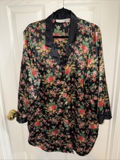 Vintage Victoria Secret Gold Label Satin Night Shirt Black Floral Long Sleeve