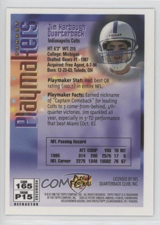 1996 Topps Finest Refractor Jim Harbaugh #165 - Image 2 of 2