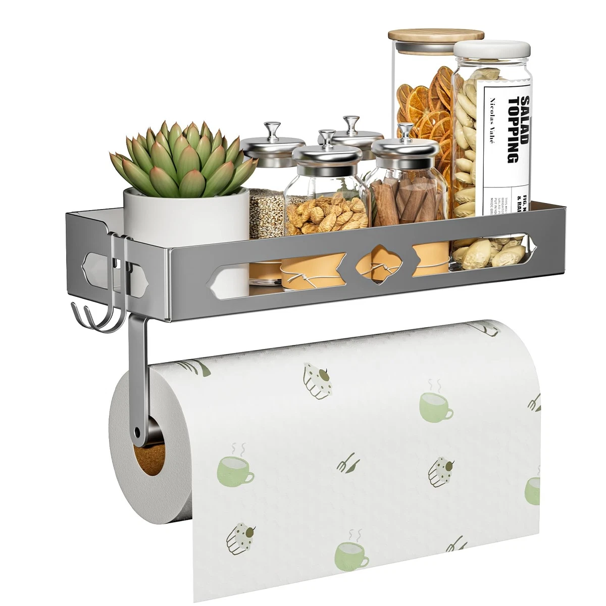 ZDDLOINP Wall-Mounted Spice Rack with Roll Holder Hooks – Silver