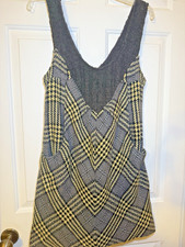 Free People Sz 12 Wool Houndstooth Plaid Cable Knit Sweater Dress Double V Neck