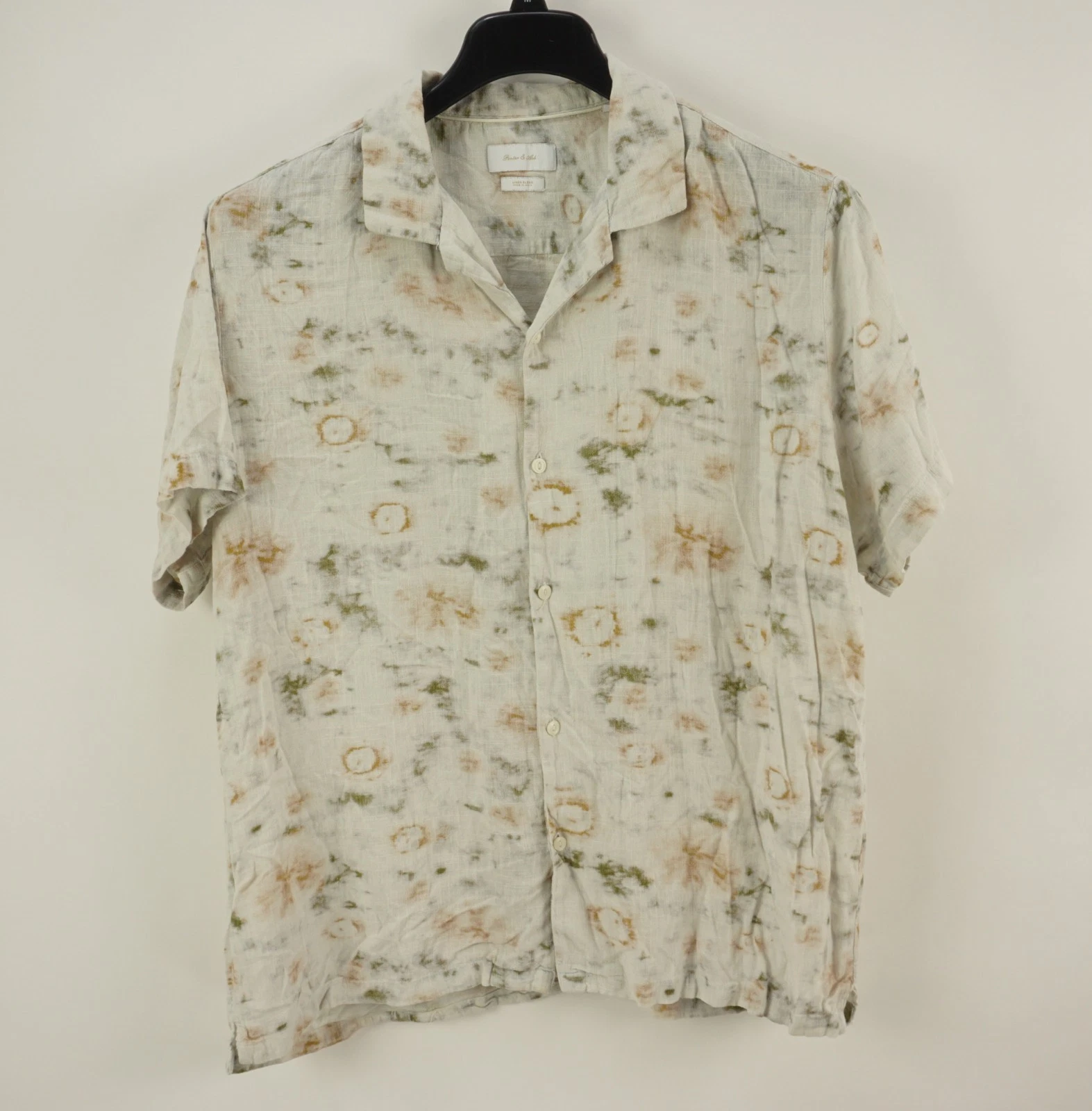 Porter & Ash Linen Blend Men's XL Short Sleeve Beige Floral Button Up Camp Shirt