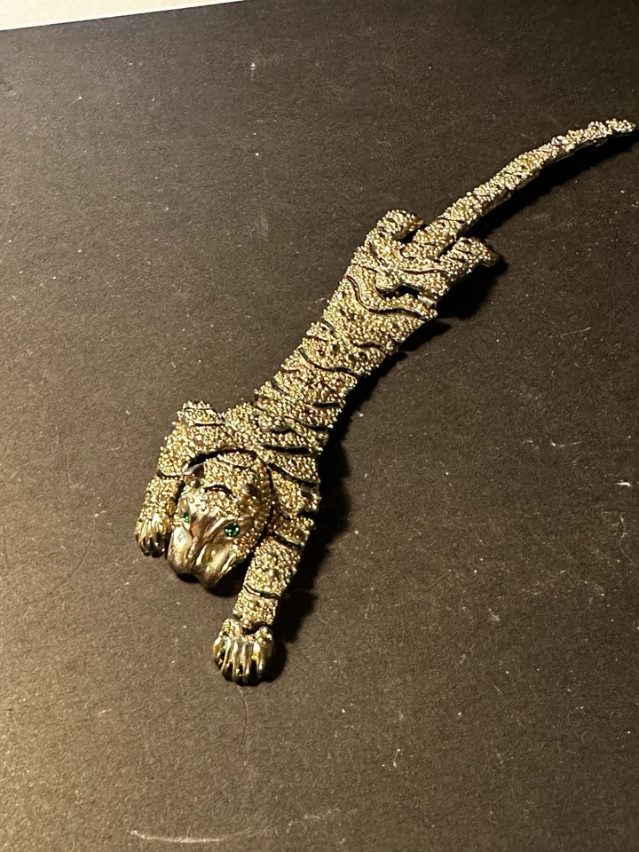 7” Articulated Art Deco Style Silver Over Shoulder Tiger Pin Brooch