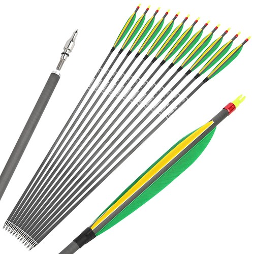 30" Carbon Arrows SP400 ID6.2mm 6" Turkey Feather Bow Hunt Archery Target Shoot - Picture 3 of 9