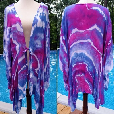 Orchid Purple & Electric Blue Geode Ice Dye Tie Dye Kimono Cardigan ~ Sz L/XL