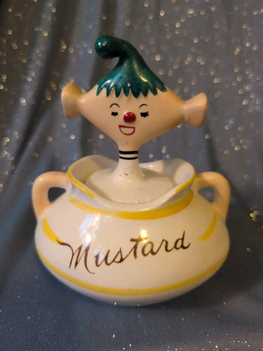 Vintage 1959 Davar Pixieware Mustard Condiment Jar with Lid & Damaged Spoon 50s 