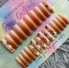 Extra long square nude press on nails brown french tips flowers ombré glitter