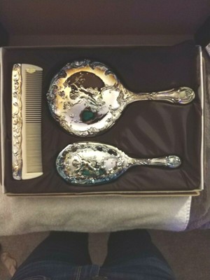 Vintage Cherub Design Vanity Set Brush Mirror Comb Gold Plated Very Heavy W Box Vintage Cherub Design Vanity Set Brush, Vintage Vanity Mirror And Brush Set