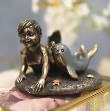 Ebros Merbaby Dolphin Figurine 3.75" L Small Mermaid Baby Playing with Dolphin