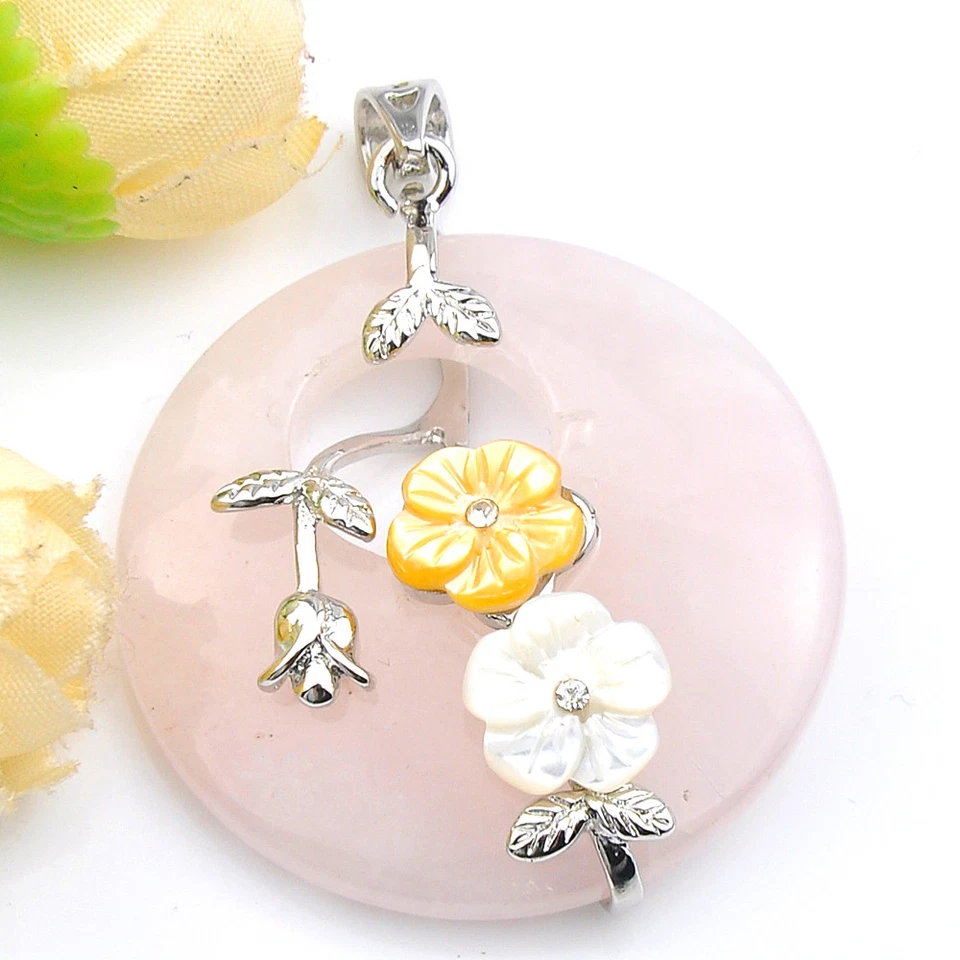 Ожерелье кулоны из чистого серебра с резной раковиной цветком розовым кварцем и драгоценными камнями - Изображение 3 из 4