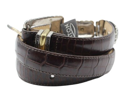 Brighton Brown Croc Grain Leather Silver Gold Hinged Belt 