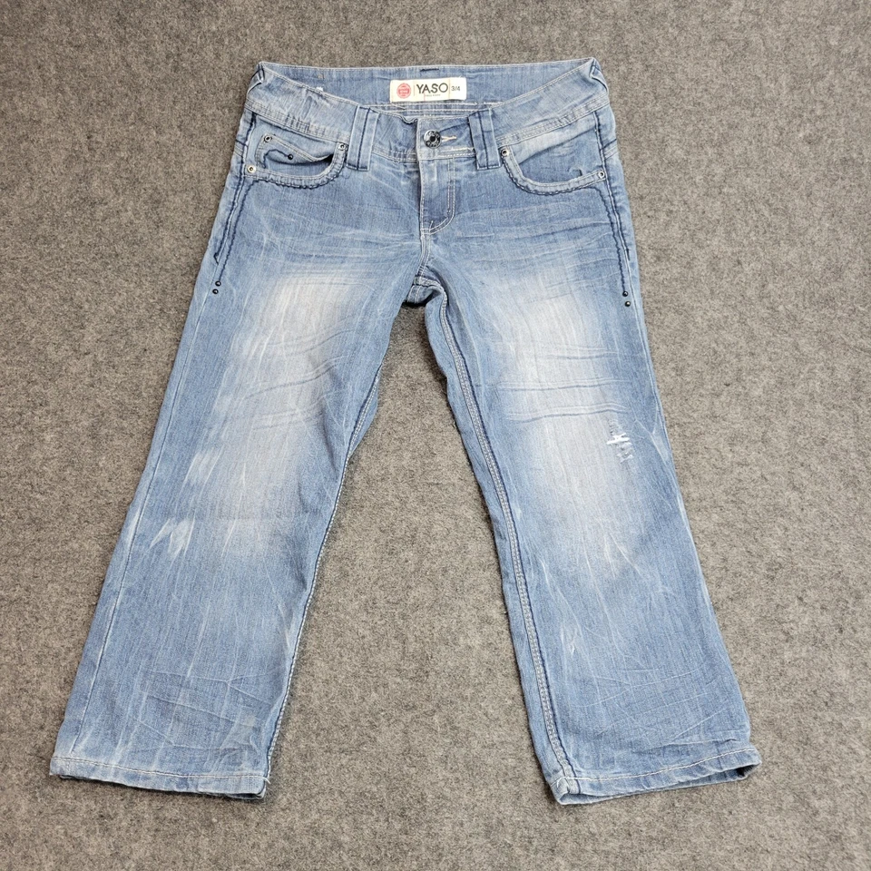 YASO Jeans Womens 3/4 Light Wash Embroidered Western Distressed Stretch Y2K - Image 2 of 4