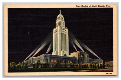 Lincoln NE Nebraska State Capitol at Night Unposted Linen Postcard
