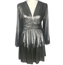 Zara Womens Dress XS Silver Metallic Stretch Holiday Cocktail Vneck Short NWT