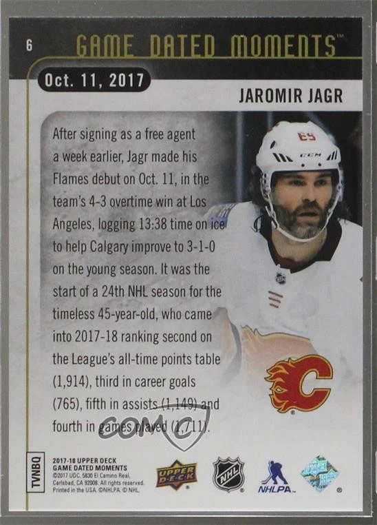 2017-18 Upper Deck Game Dated Moments 1st Period Jaromir Jagr #6 - Image 2 of 2