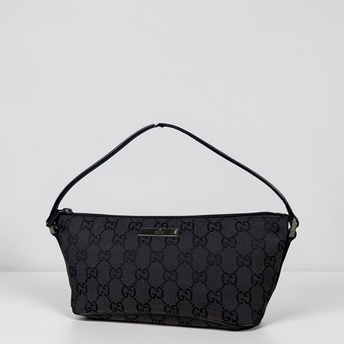 GUCCI GG Pouch Hand Bag Ziplock Leather Canvas Black Silver Hardware From Japan