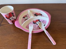 Disney Minnie Mouse Dinnerware Set Bamboo Fiber Kids Plate Cup Utensils