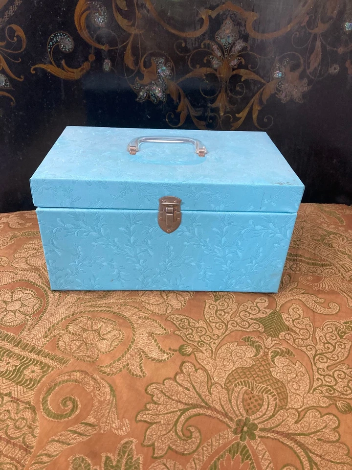 Caja de Costura MCM 1960 Vintage - Vinilo Acolchado Azul Turquesa Retro - Interior Rosa Foto 4 de 4