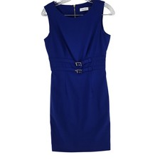 Calvin Klein Dress Womens 6P Blue Sleeveless Sheath Belted Career Work Office