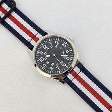 Men's Field Military Watch 42MM Black Dial Blue White Red Canvas Band Straps