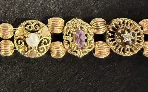 Vintage Solid Yellow Gold Diamonds Multi Gemstone Slide Charm Bracelet 8" - Picture 14 of 17