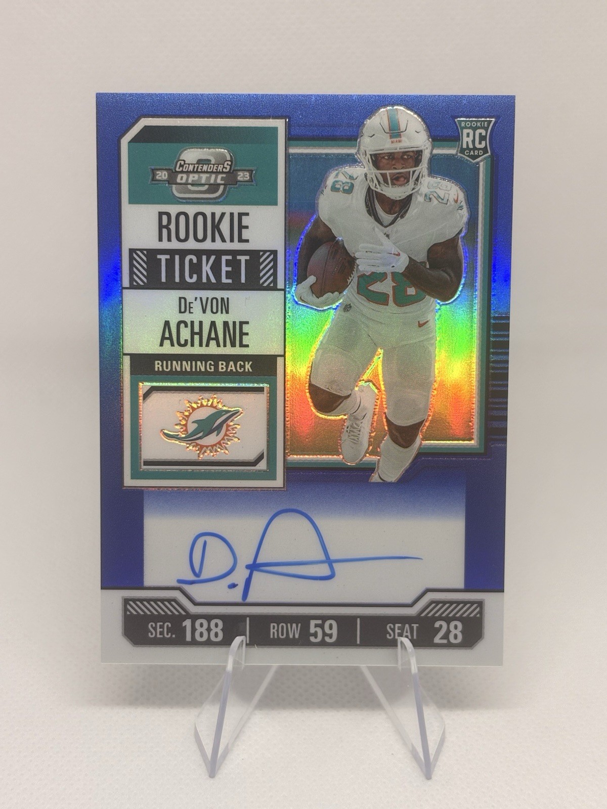 2023 Contenders Optic DeVon Achane Blue Rookie Ticket Auto /75 - Miami Dolphins