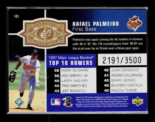 Rafael Palmeiro - 1998 SPx Finite - #143 #/3500 SN Radiance - Bild 2 von 2