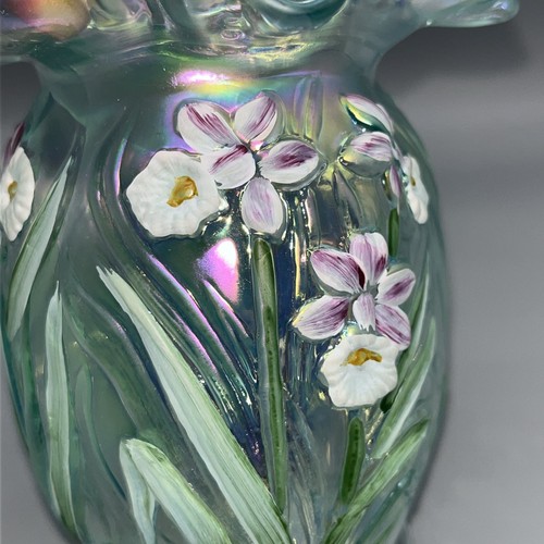 Fenton Handpainted Blue Iridescent Embossed Daffodils Ruffle Vase J Schultz - Picture 7 of 7