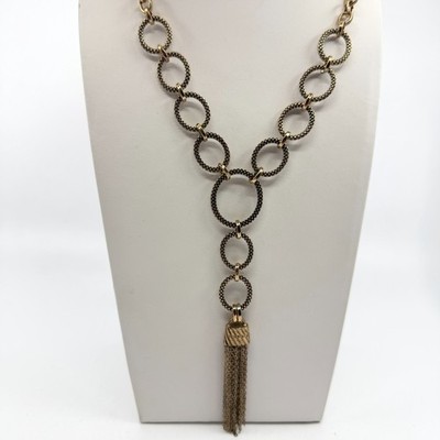 Gold Tone Statement Tassel Necklace Textured Linked Ring Chain Boho Chic Gift