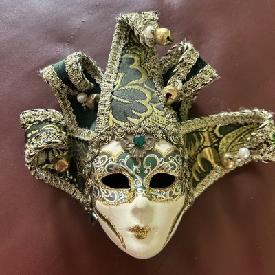 Venetian Green/Gold Jester Mask Wall Decor Costume Carnival Hand Painted Italy