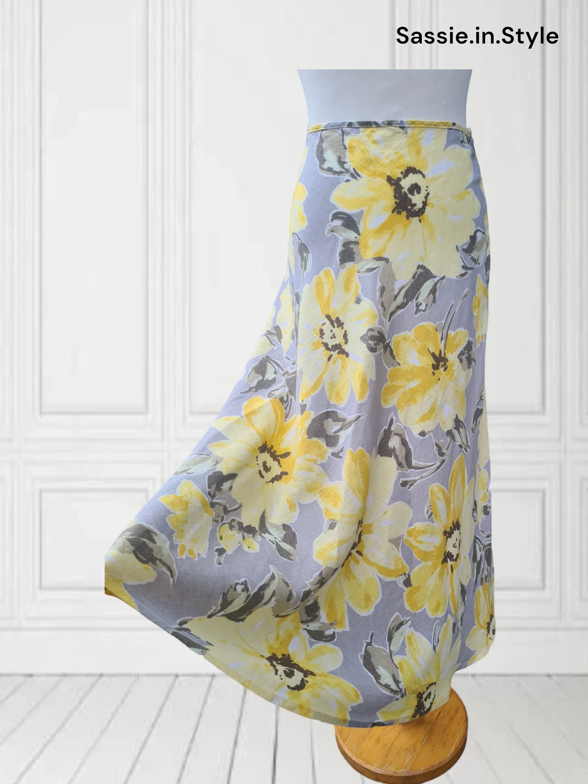 UK 10 Hobbs Yellow Linen Skirt. long Midi Yellow Grey Floral Print