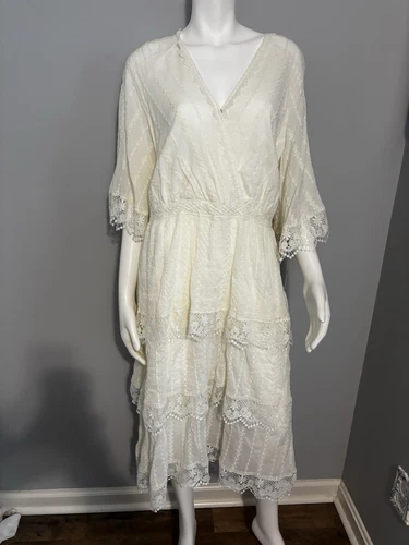 NWT Gibson Latimer Dress Women’s Size L Off White Tiered, Lace, Eyelet, Tie Back