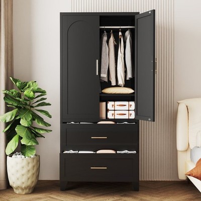 Metal Wardrobe Cabinet Armoires Wardrobe Closet W/ Hanging Rod,2-Drawer+2 Doors