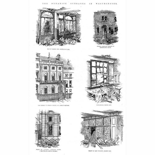Dynamite Outrages in Westminster; Scenes of Destruction - Antique Print 1884