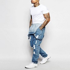 Mens Slim Fit Denim Long Pants Suspenders Overalls Trousers Bib Jeans Jumpsuits