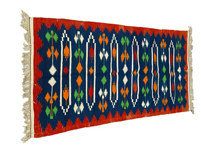 Handwoven Vintage Indian Cotton Rug | Dowry-Inspired Ikat Flatweave | Boho Decor