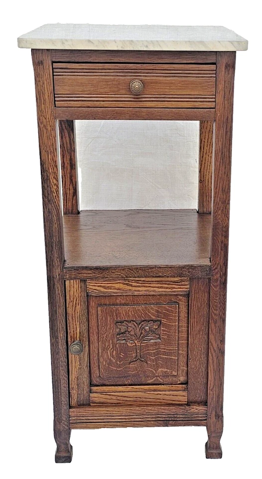 Antique 1920s French Oak Nightstand Carved Oak Tree & Acorn Design White Marble - Image 2 of 4