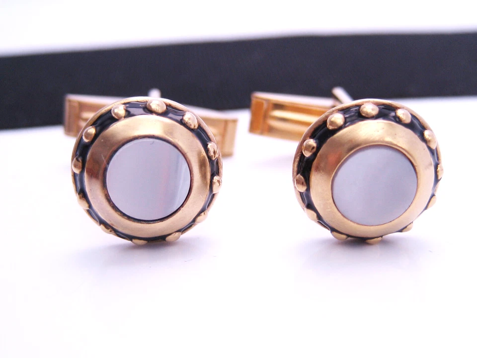 Gemelos vintage de plata de ley enchapados en oro de 14K esmalte madreperla MMA Foto 2 de 4